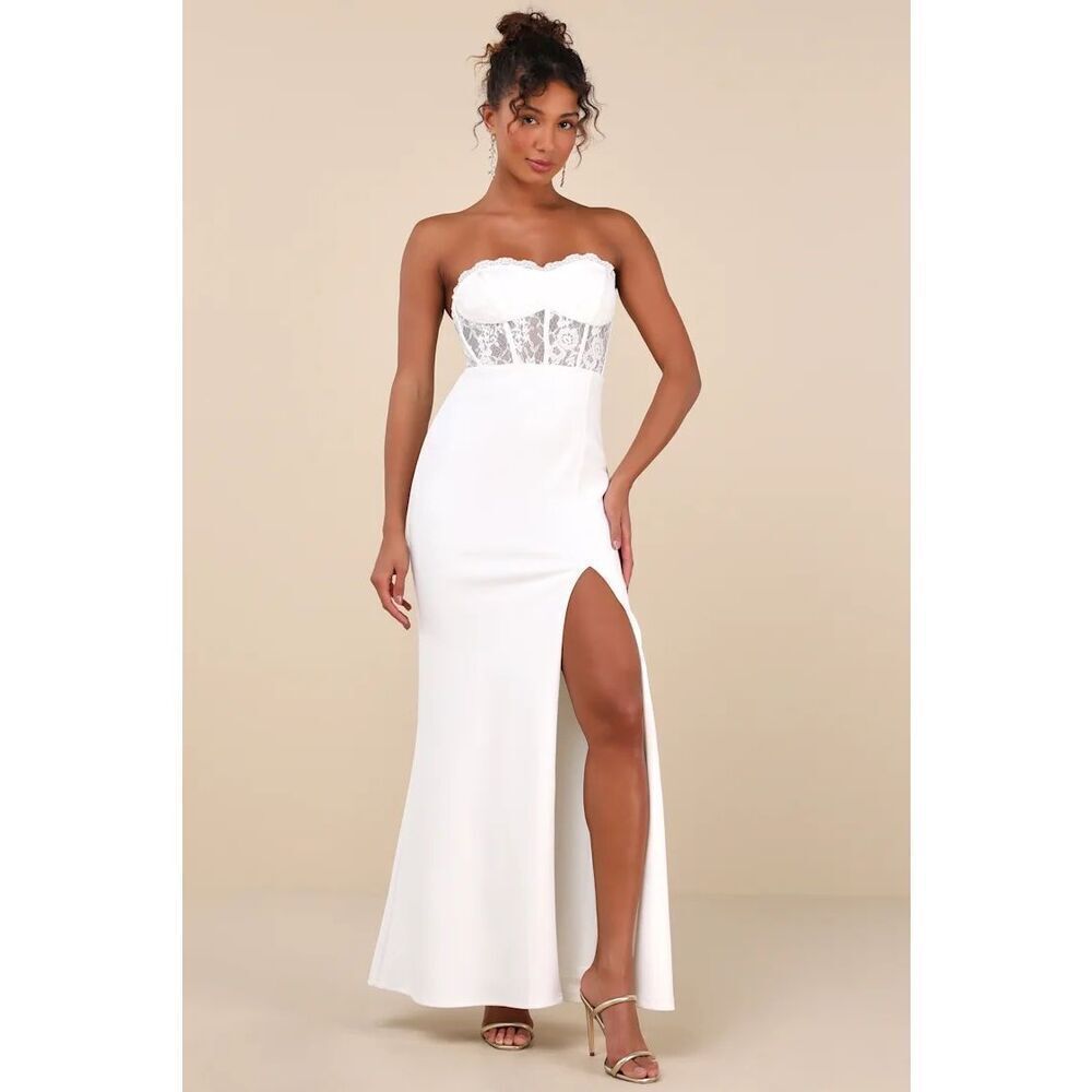 Lulus Sultry Persona White Lace Strapless Bustier Mermaid Maxi Dress Size S NWT